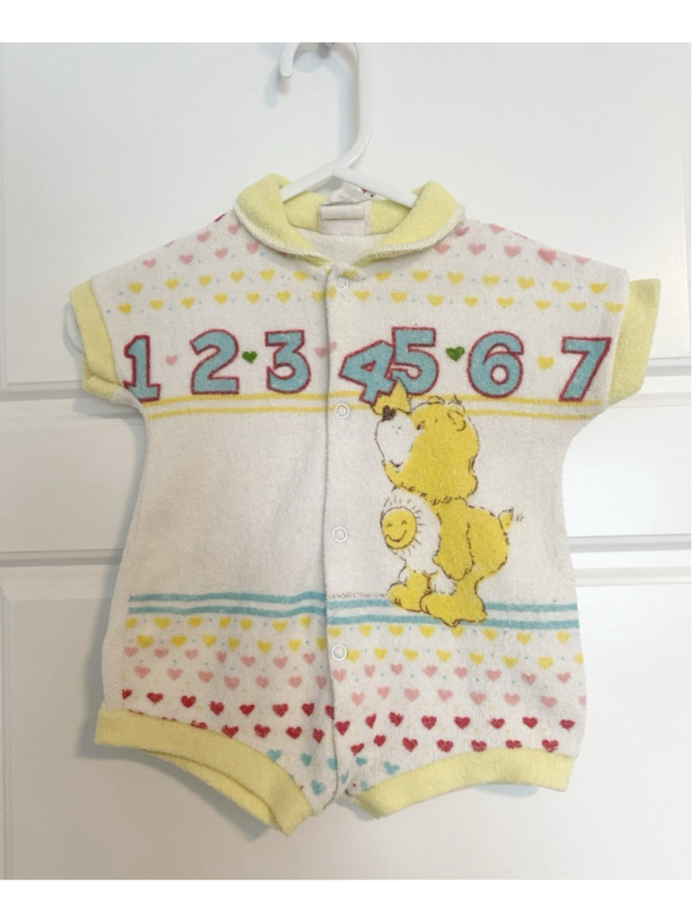 Vintage 80s Care Bears Funshine Bear Snugabye Baby Romper Terry Cloth Canadian